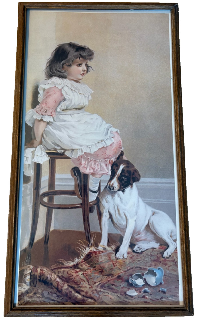 VTG H.R. Poole Framed Art Print Girl & Dog Large Wood Frame 26x16